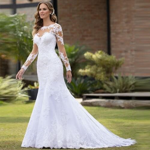 Mermaid Long Sleeves Wedding Dresses Elegant O-Neck Lace Appliques Bridal Gowns 2021 Plus Size Country Style Vestido De Noiva