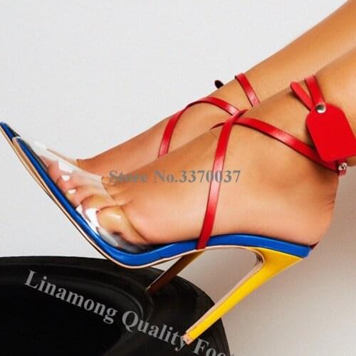 Linamong Sexy Pacthwork Red Blue PVC Stiletto Heel Pumps Straps Cross Transparent High Heels Formal Dress Shoes Heels