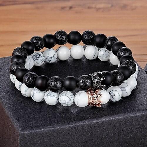 TYO 2pcs/set Luxury CZ Metal Copper Royal Crown Charm Bracelet 8MM Lava Stone White Marble Beads Female Male Wedding Gifts