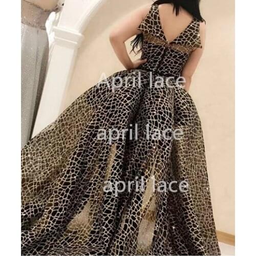 Stock 5yards hhl002 black mesh champagne gold glitter glued mesh lace fabric for bridal wedding /evening dress