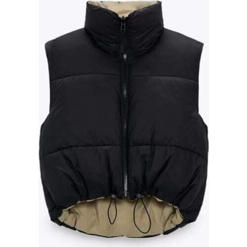 2021 Spring Black Cropped Vest Coat Women Fashion Warm Sleeveless Parkas High Collar Waistcoat Female Casual Outerwear Chic Top