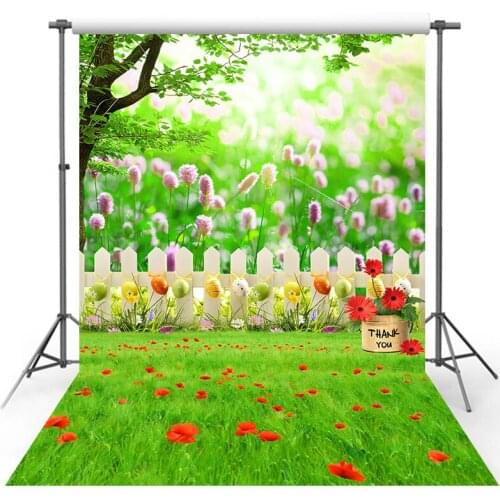 Vinyl Photography Backgrounds Studio Easter Eggs Spring Green Meadow Flower White Fence Decor Photo Studio