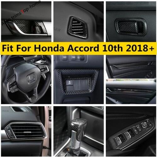 Carbon Fiber Look Interior Armrest Window Lift Button / AC Air Condition Cover Trim Accessories For Honda Accord 10th 2018 -2021