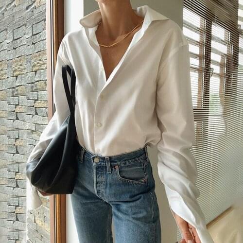 Women 's Shirt Loose Female Shirts Elegant Button White Blouses New Casual Tops Streetwear Collar Long Sleeve Turn- down