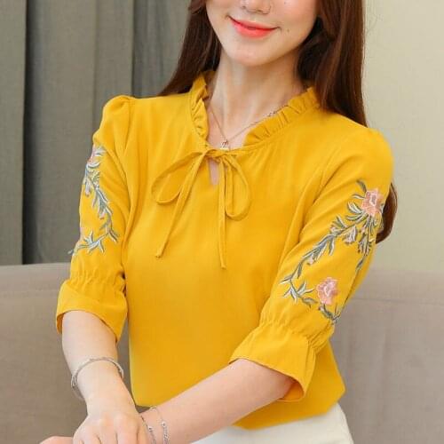 Womens Spring Summer Style Chiffon Blouses Shirts Womens Embroidery Lace Up V-neck Elegant Tops SP528