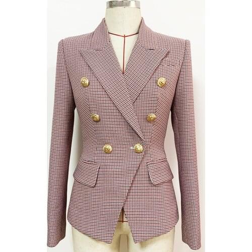 QUANLITY Newest HIGH 2021 Designer Jacket Womens Classic Metal Lion Buttons Double Breasted Slim Fitting Houndstooth Blazer