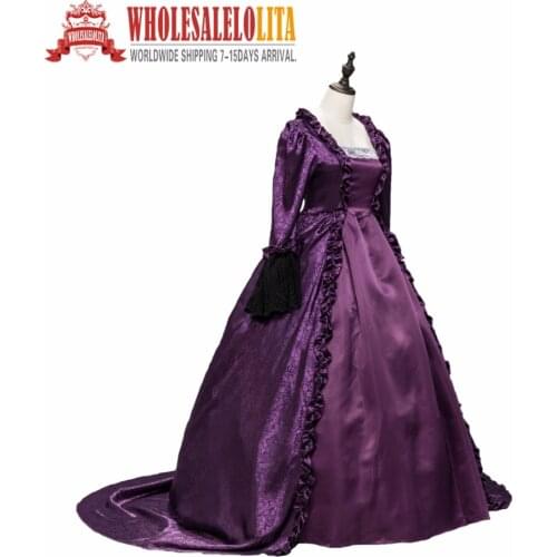 Purple High Quality Renaissance Fair Dark Queen Elizabeth I Ball Gown Period Dress with Train Reenactment Costume