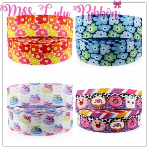 1"25mm Flower Macaron Doughnut Printed Grosgrain Ribbon Rainbow Stripes DIY Gift Pack Webbing Decor 10yards/roll