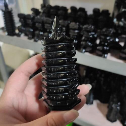 10cm Natural Black Obsidian wenchang tower gemstone crystal pagoda