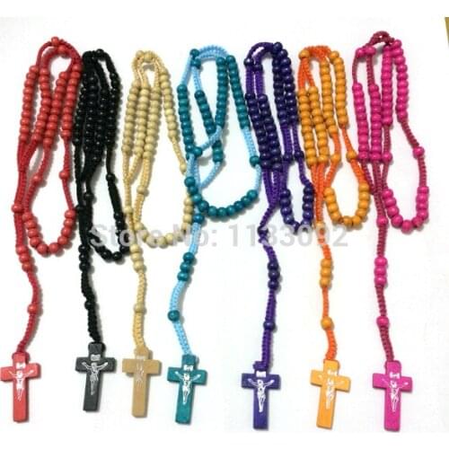 12pcs/lot Wood Bead Rosary Necklace Mix Colors Rosaries Cross Rosery Jesus New Rosario free shipping