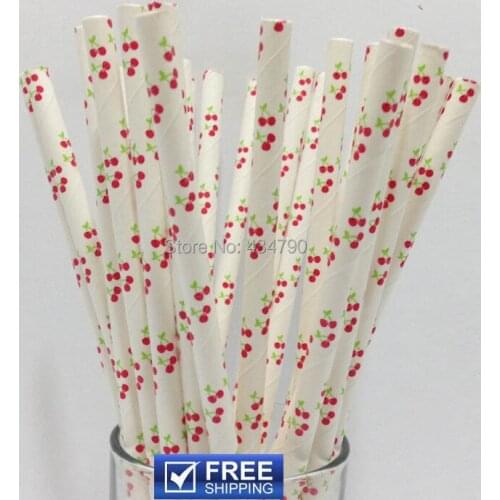 200pcs Red and Green Cherry Paper Straws Bulk,Blossom Retro Vintage Girly Girl Picnic Pie Cake Pop Sticks