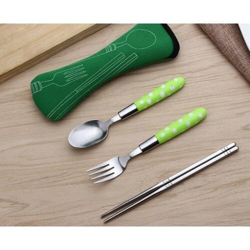 50sets/lot 3pcs/set Dot style Plastic+ Stainless Steel Fork spoon chopsticks Travel Picnic Portable Cutlery Tableware