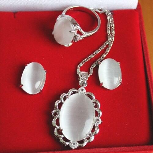 6-color 18kgp Inlay opal jade Tigers Eye Crystal Necklace Earring Ring set