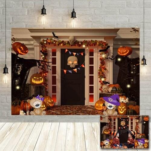 Avezano Backdrop Halloween Haunted House Pumpkin Lantern Yellow Leaves Children Portrait Photography Background For Photo Studio