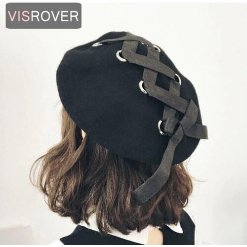 VISROVER New Sweet Cute Berets Women Winter Hats Soft Macaron color Ribbon Woolen Lolita Beret classical Soft Straps Cross Bow