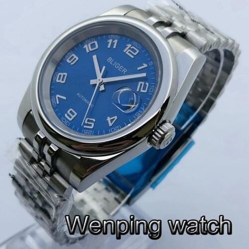 Bliger 39mm Silver Case Blue Dial Date Luminous Waterproof Jubilee Bracelet Mens Top Automatic Mechanical Watch