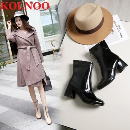 Kolnoo New Style Handmade Ladies Chunky Heels Martin Boots Patent Leather Front-Zipper Ankle Boots Largesize 33-52 Fashion Shoes