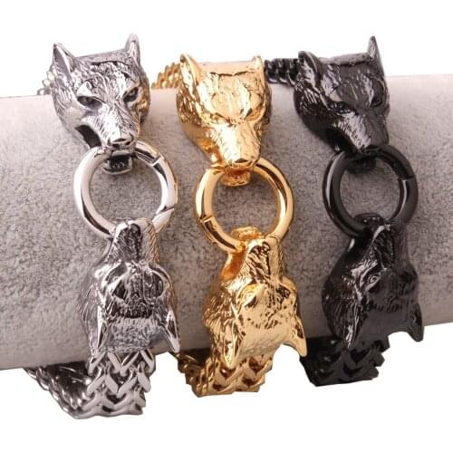 Granny Chic 12mm Rock Viking Wolf Charm Bracelet Mens Stainless Steel 22cm Mesh Chain Gold Wolf Punk Bracelets Biker Jewelry