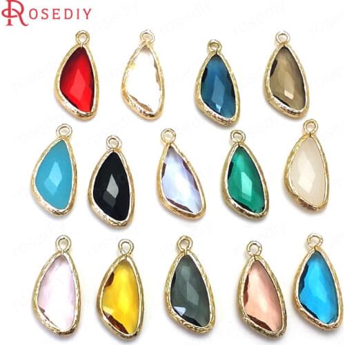 C585)10 pieces 23x11mm 24K Champagne Gold Color Brass and Glass Irregular Drop Shape Charms Pendants Findings Accessories