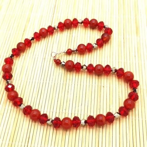 Red Carnelian Stone Bead Choker Necklace with Red Crystal Glass Bead 8 mm For Her Gift Party Necklace