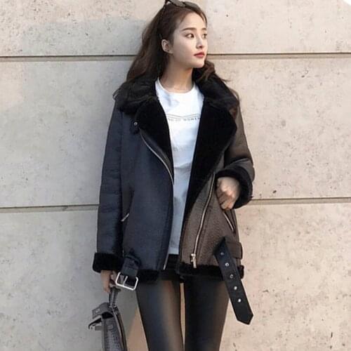 Women beige fur faux leather jacket coat with belt turn down collar Ladies 2019 Winter Thick Warm Oversized Coat