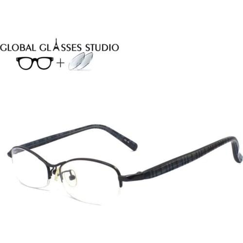 Small shape half rim oval metal lens glasses men black glasses white acetate Plaid Temple Prescription optical glass AS-504 C90