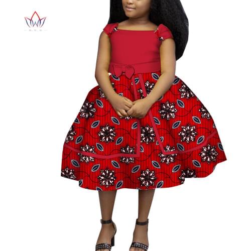 Lovely Girls Dresses Bazin Riche African Print Bow Tie Cute Ankara Dresses for Kids Children African Clothing Party Dress WYT525