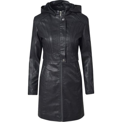 Fashion Leather Coats Womens Spring Autumn Clothing Long Section Slim PU Leather Jacket S-2XL