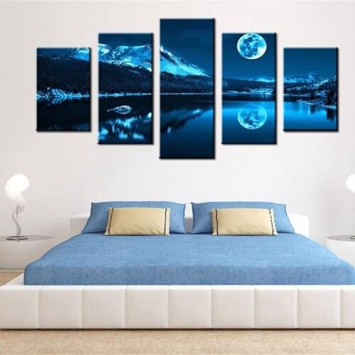 Modular HD Printed Images Canvas Painting 5 Panel Mountain Lake Moon Nature Landscape Wall Art For Home Decoration Living Room