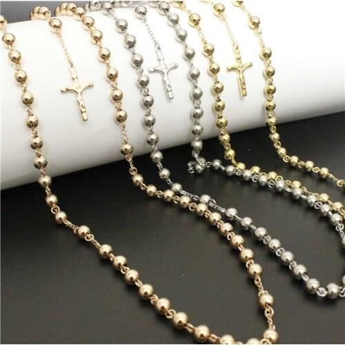 4mm/6mm/8mm/10mm Mens Chain 3 ColorsTone Stainless Steel Bead Chain Rosary Jesus Christ Cross Pendant Long Necklacce