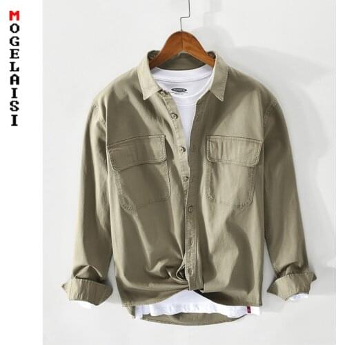 New 2021 spring shirt men solid long sleeve casual Tooling shirt tops 100% cotton Double pocket camisas masculin Asian size Z176