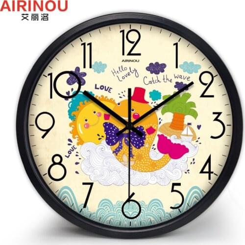Airinou New Design Lovely Chinese Cartoon Summer Fish Picture Children Room Wall Clock Home Decor Glass Silent Quartz Clock
