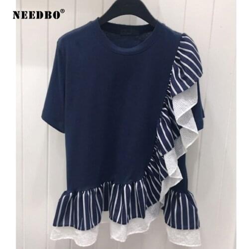 NEEDBO Women Tshirt Casual Ruffles Stripe Stitching T Shirt Femme Short Sleeve Summer Tshirts for Women 2020 Lotus Leaf Edge Top