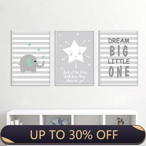 Dream Big Elephant Canvas Art Nursery Poster Cartoon Nursery Quote Print Painting Nordic Wall Pictures Kids Bedroom Decoration