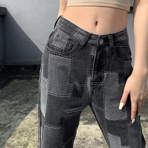 Autumn New Women Jeans Street Hipster Casual Fashion Patchwork Design Femme High Waisted Wide Legs Long Trousers Denim Pants