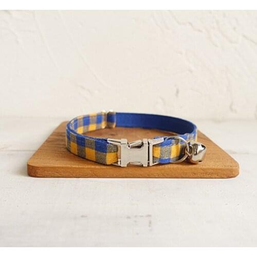 Pet Small Dog Collar THE BLUE YELLOW PLAID Adjustable Cat Nameplate ID 2 Size Poly Satin And Nylon Cat Collar Sash Small Bell
