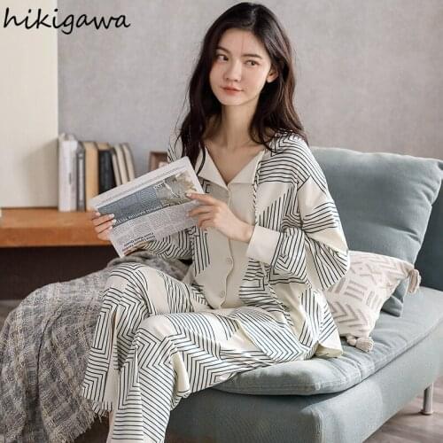 Hikigawa Pajamas Womens Cotton Two Piece Sets Long Sleeve Trousers Print Nightwear 2021 Pantsuits Home Service Set Femme 97719