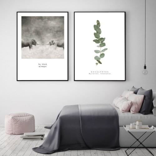 Black White Elephant be kind always Posters Prints Eucalyptus Green Leaf Wall Pictures For Living Room Scandi Canvas Painting