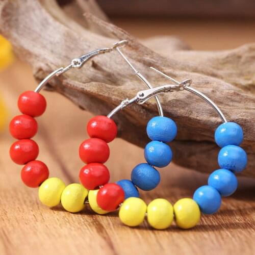Christmas Theme Wood Beaded Cluster Rainbow Hoop Earrings for Women Fashion Handmade Natural Wooden Ball Jewelry Gifts Wholesale