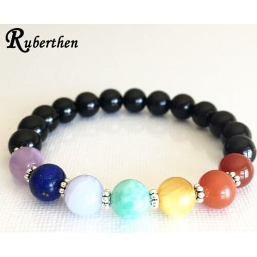 Ruberthen 8 mm Black Tourmaline 7 Chakra Bracelet Women`s Gem Stone Crown Chakra Bracelet New Design Reiki Yoga Mala Bracelet