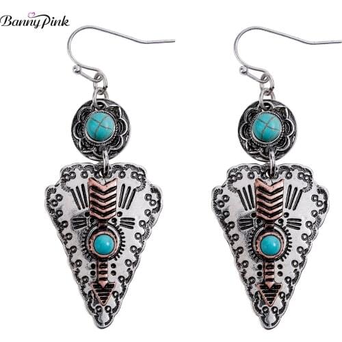 Banny Pink Tribal Turquoises- Stone Dangle Earrings For Women Ethnic Metal Arrow Statement Drop Earrings Vintage Stone Earrings
