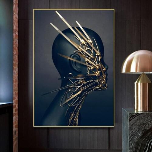 Modern Posters And Prints Black Robot With Gold Design Mask Canvas Painting For Living Room Nordic Home Decor Wall Art Pictures