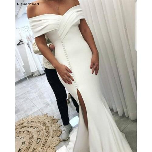 Amazing Split Front Mermaid Wedding Dress for Women 2021 White Satin Off Shoulder African Women Bridal Gowns Vestido De Noiva