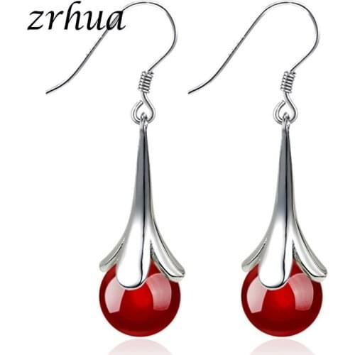 ZRHUA New Silver Color Drop Earring Women Jewelry Classic Red/Black Round Crystal Pendant Earrings for Women Party Gift