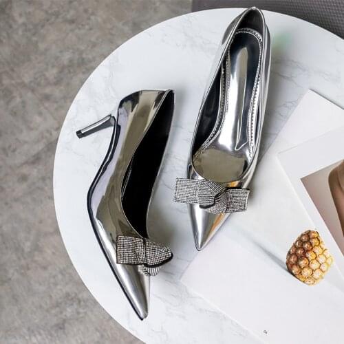 Bowtie Women Patent Leather Pumps Classic Pointed Toe Slingbacks Sandals Ladies High Heels Dress Bridal Shoes