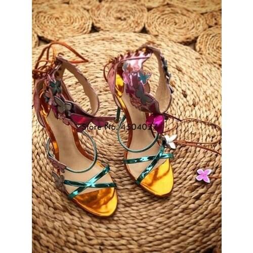 Newest Lace Up Mixed Colors Sweet butterfly decor Harmony Metallic Leather Turquoise strap belt Zapatos Mujer Shoes High Heels
