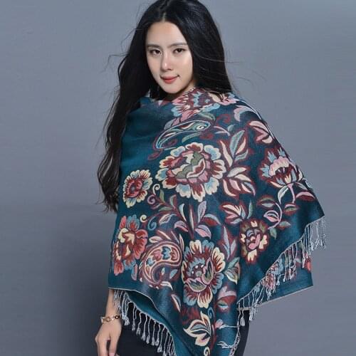 Women Ethnic Jacquard Scarf Flower Print Travel Bufanda Lady Air Conditioning Shawl Oversized Thickened Warm Tassel Pashmina