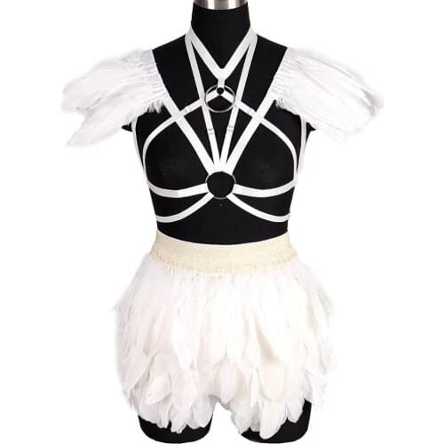 Natural Feathers Harness For Women Erotic Lingerie Set Sword Belt Collar Accessories Elastic Bondage Cage Bra Suspenders Garters
