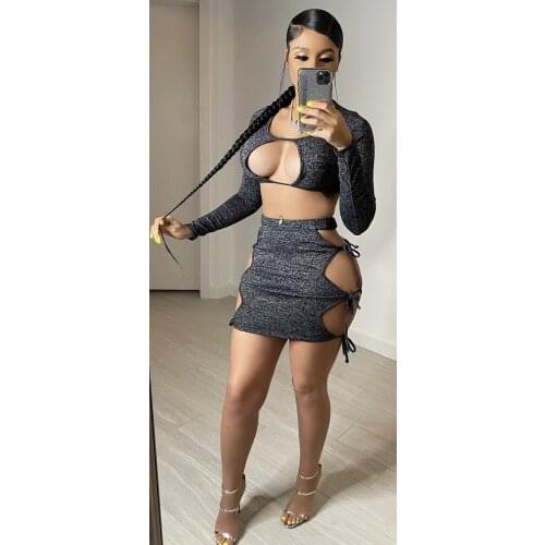2021 New Arrival Fashion Design 2 pcs Women Set Solid Hollow Bandage O-neck Short Tops Mini Dress Summer Sexy Club Outfits