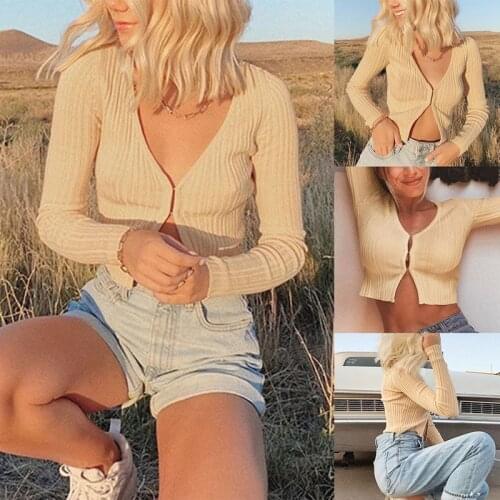 Womens Fashion Solid Color Deep V Crop Long Sleeve Rib Crochet Short Top Apricot